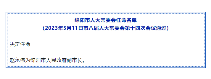 赵永伟任绵阳市人民政府副市长