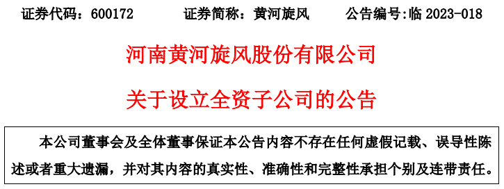 河南黄河旋风股份有限公司拟出资1亿元设立全资子公司